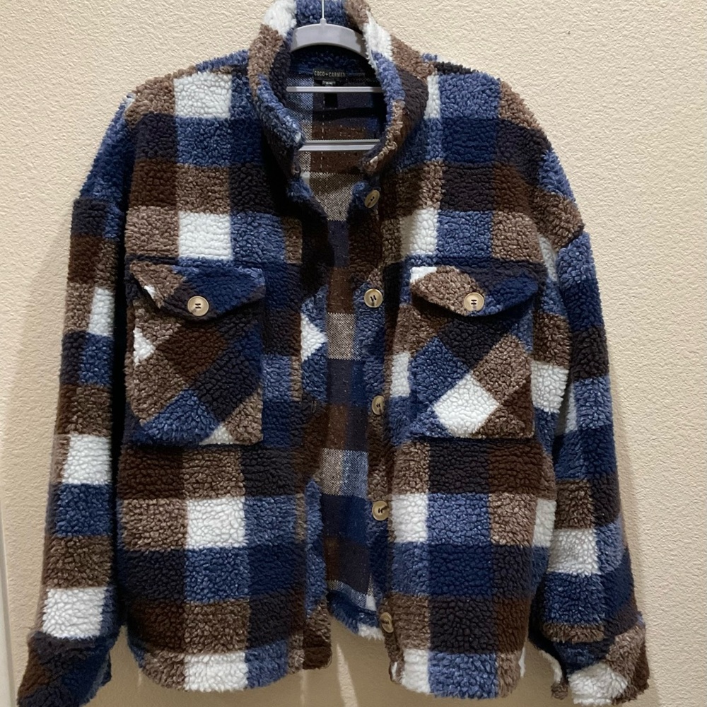Coco + Carmen Blue and Brown Plaid Sherpa Jacket Polyester Small